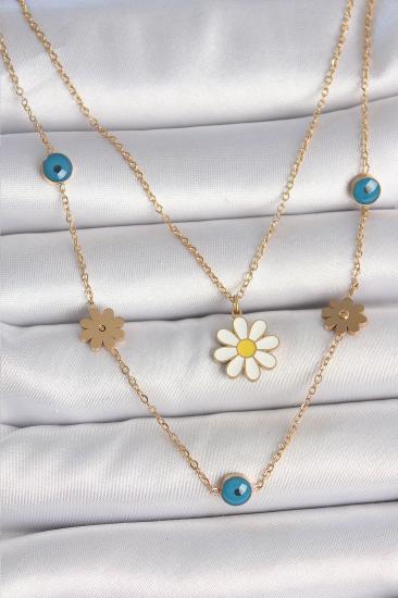 Erb 316L Çelik Gold Renk 2\\'Li Zincir Model Papatya Figür Nazar Boncuk Detay Kadın Kolye