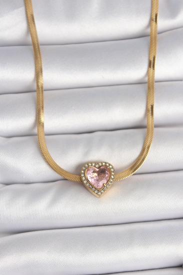 Erb 316L Çelik Gold Renk İtalyan Zincir Pembe Zirkon Taşlı Kalp Model Kadın Kolye