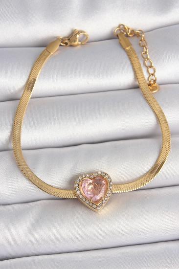 Erb 316L Çelik Gold Renk İtalyan Zincir Pembe Zirkon Taşlı Kalp Model Kadın Bileklik