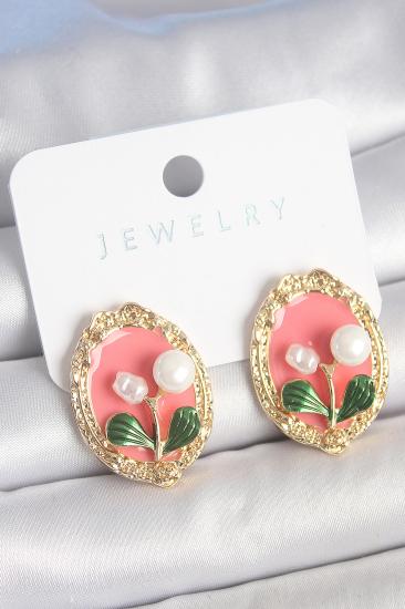 Erb Pirinç Gold Renk Pembe Mineli İncili Çiçek İşlemli Portre Model Kadın Küpe