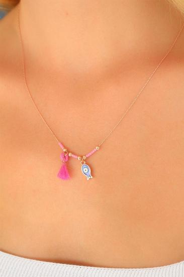 Erb Nazar Boncuklu Pembe Renk Taşlı Rose Bayan Kolye