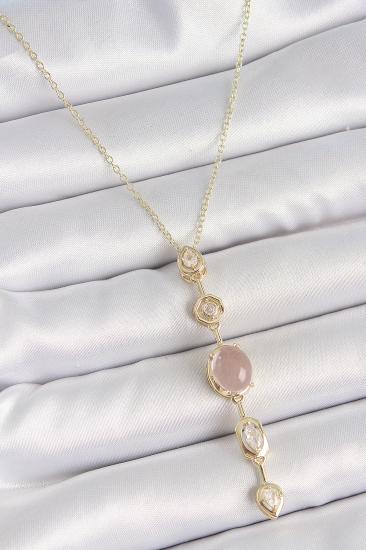 Erb 316L Çelik Gold Renk Zincir Zirkon Taşlı Pembe Mineli Y Model Dekolta Kadın Kolye