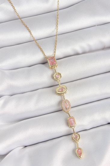 Erb 316L Çelik Gold Renk Zincir Pembe Zirkon Taşlı Y Model Dekolte Kadın Kolye