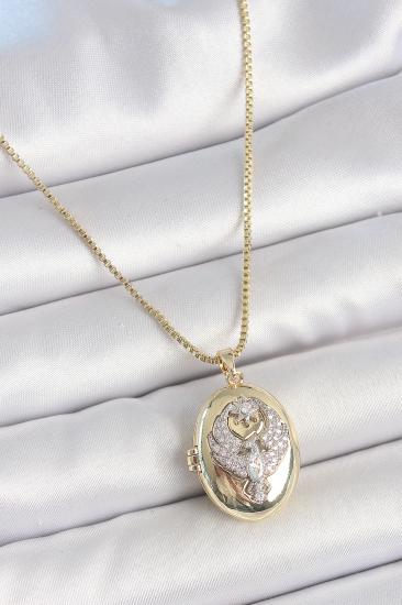 Erb 316L Çelik Gold Renk Zincir Zirkon Taşlı Anka Kuşu İşlemeli Açılır Model Kadın Kolye