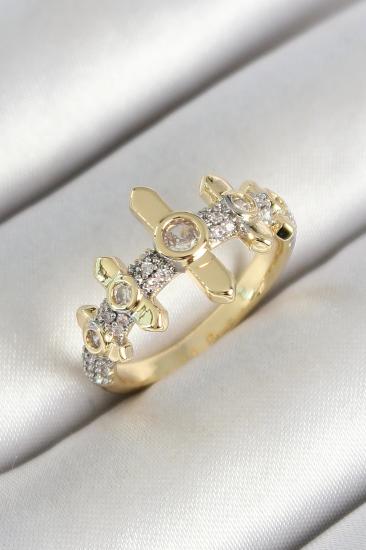 Erb Pirinç Sıralı Çit Figürlü Zirkon Taşlı Gold Renk Ayarlanabilir Kadın Yüzük