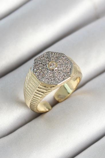 Erb Pirinç Sekizgen Figür Zirkon Taşlı Gold Renk Ayarlanabilir Kadın Yüzük