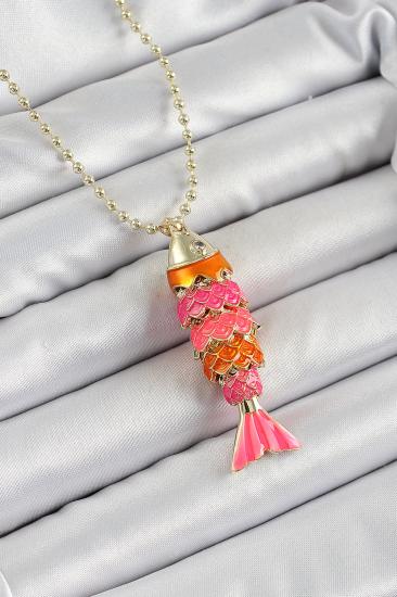 Erb Pirinç Pembe Ve Turuncu Balık Model Zirkon Taşlı Gold Renk Kadın Kolye