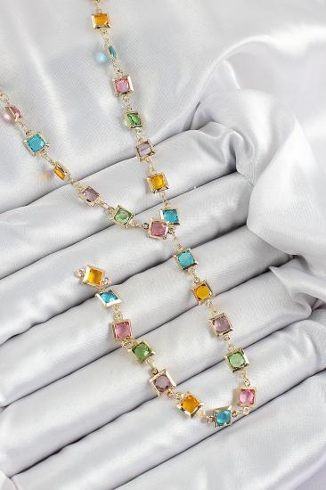 Erb Pirinç Asorti Kare Model Gold Renk Zirkon Taşlı Y Kolye