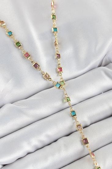 Erb Pirinç Asorti Kare Model Gold Renk Zirkon Taşlı Y Kolye