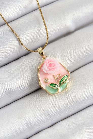 Erb 316L Çelik Zincir Zirkon Taşlı Pembe Sanatsal Portre Gül Figürlü Beşgen Model Gold Renk Kadın Kolye