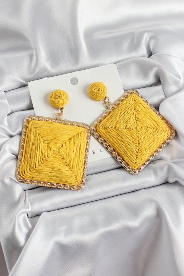 Erb Sarı Kare Figürlü Hasır Örgü Model Gold Renk Kadın Küpe