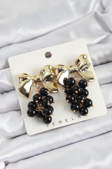 Erb Pirinç Sallantılı Siyah Boncuklu Fiyonk Vintage Model Gold Renk Kadın Küpe