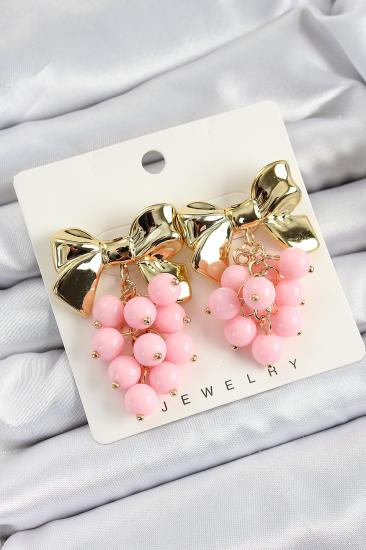 Erb Pirinç Sallantılı Pembe Boncuklu Fiyonk Vintage Model Gold Renk Kadın Küpe