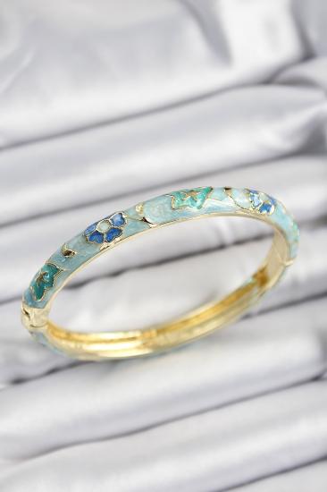 Erb Mineli Pirinç Turkuaz Ve Mavi Çiçek Motifli Gold Renk Kadın Kelepçe