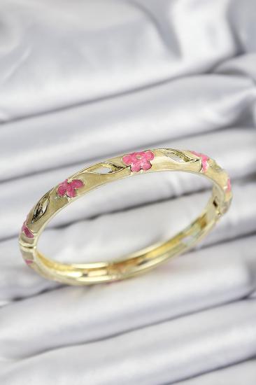 Erb Mineli Pirinç Pembe Ve Hardal Çiçek Motifli Gold Renk Kadın Kelepçe