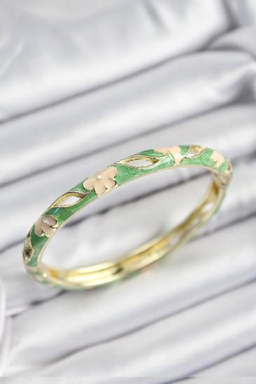 Erb Mineli Pirinç Yeşil Ve Krem Çiçek Motifli Gold Renk Kadın Kelepçe