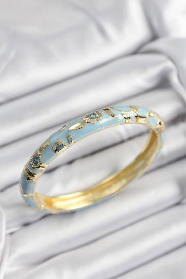 Erb Mineli Pirinç Mavi Çiçek Motifli Gold Renk Kadın Kelepçe