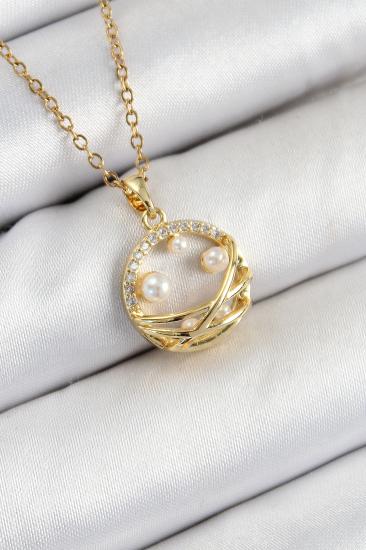 Erb 316L Çelik Zirkon Taşlı İnci Detaylı Halka Model Gold Renk Kadın Kolye