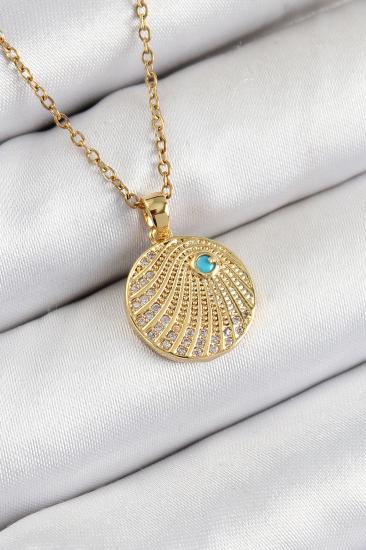 Erb 316L Çelik Zirkon Taşlı Madalyon Model Gold Renk Kadın Kolye