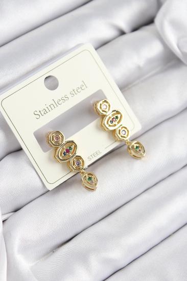 Erb 316L Çelik Zirkon Taşlı Sallantılı Geometrik Model Gold Renk Kadın Küpe