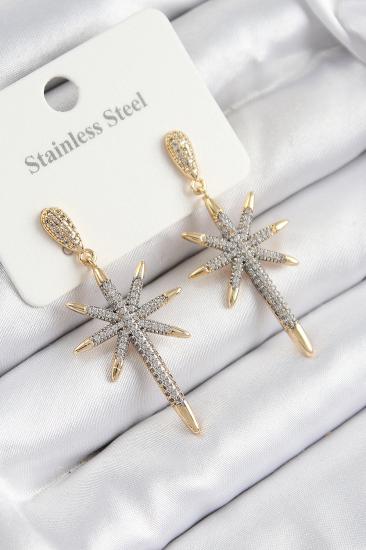 Erb 316L Çelik Zirkon Taşlı Pusula Yıldızı Model Gold Ve Gümüş Renk Kadın Küpe