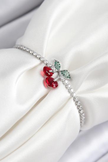Erb Pirinç Zirkon Taşlı Kiraz Model Gümüş Renk Asansörlü Kadın Bileklik