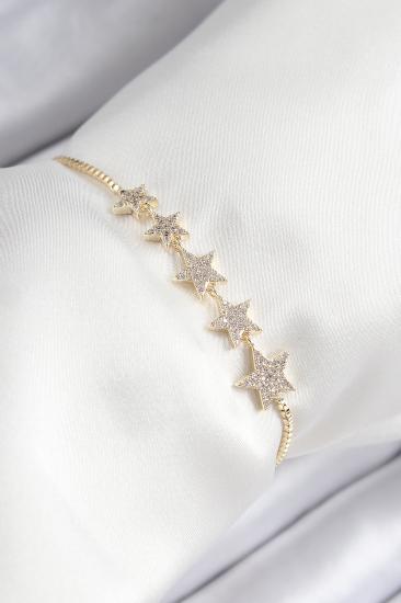 Erb Pirinç Zirkon Taşlı Sıralı Yıldız Model Gold Renk Asansörlü Kadın Bileklik