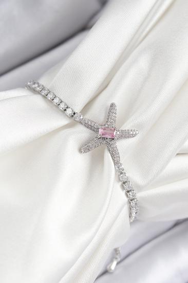 Erb Pirinç Pembe Zirkon Taşlı Deniz Yıldızı Model Gümüş Renk Asansörlü Kadın Bileklik