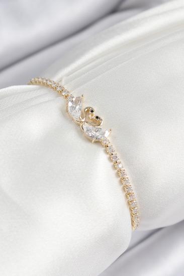 Erb Pirinç Zirkon Taşlı Kuğu Model Gold Renk Asansörlü Kadın Bileklik