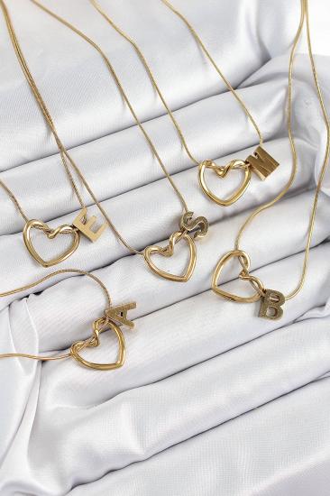 Erb 316L Çelik Kalp Detaylı Gold Renk Harf Kolye 24\\'lü Paket Kolye