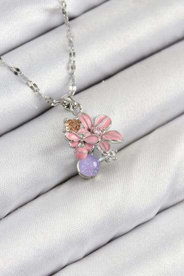 Erb 316L Çelik Zirkon Taşlı Arı Detaylı Pembe Çiçek Model Gümüş Renk Kadın Kolye
