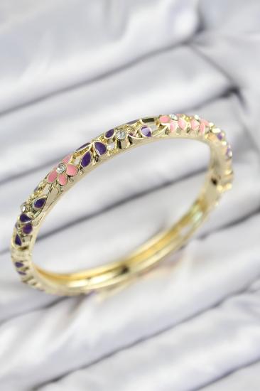 Erb Mineli Pirinç Zirkon Taşlı Pembe Mor Çiçek Motifli Gold Kadın Kelepçe