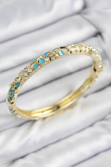 Erb Mineli Pirinç Zirkon Taşlı Turkuaz Krem Çiçek Motifli Gold Kadın Kelepçe
