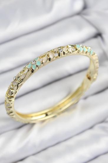 Erb Mineli Pirinç Zirkon Taşlı Yeşil Krem Çiçek Motifli Gold Kadın Kelepçe