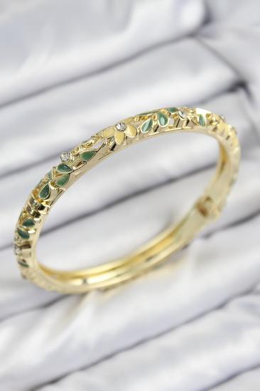 Erb Mineli Pirinç Zirkon Taşlı Yeşil Sarı Çiçek Motifli Gold Kadın Kelepçe
