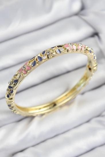 Erb Mineli Pirinç Zirkon Taşlı Pembe Mor Çiçek Motifli Gold Kadın Kelepçe