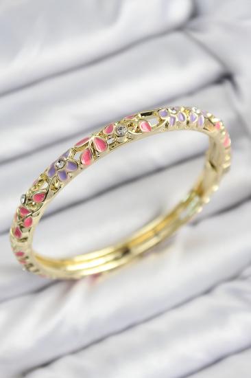 Erb Mineli Pirinç Zirkon Taşlı Pembe Mor Çiçek Motifli Gold Kadın Kelepçe