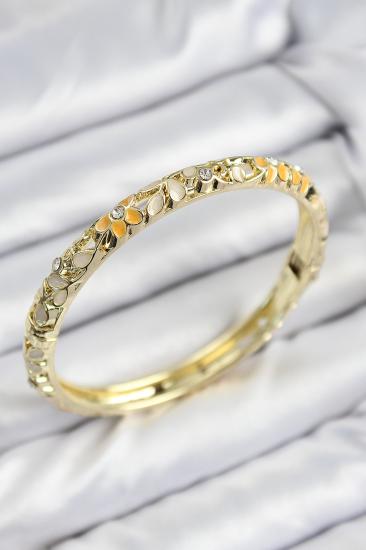 Erb Mineli Pirinç Zirkon Taşlı Sarı Krem Çiçek Motifli Gold Kadın Kelepçe