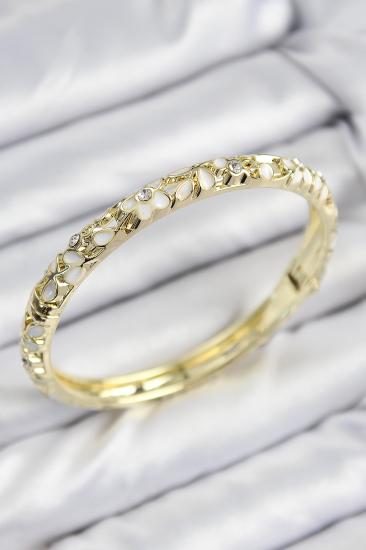 Erb Mineli Pirinç Zirkon Taşlı Beyaz Çiçek Motifli Gold Kadın Kelepçe