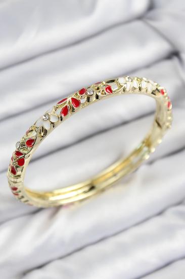 Erb Mineli Pirinç Zirkon Taşlı Kırmızı Çiçek Motifli Gold Kadın Kelepçe