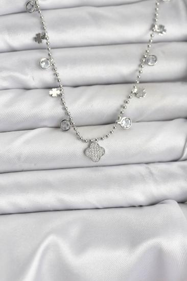 Erb Pirinç Gümüş Renk Yonca Model Kadın Kolye