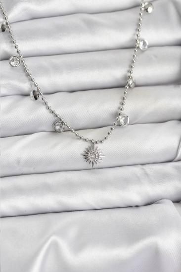 Erb Zirkon Taşlı Kutup Yıldızı Model Pirinç Gümüş Renk Kadın Kolye