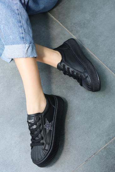 Piata Siyah Cilt Bağcıklı Spor Ayakkabı
