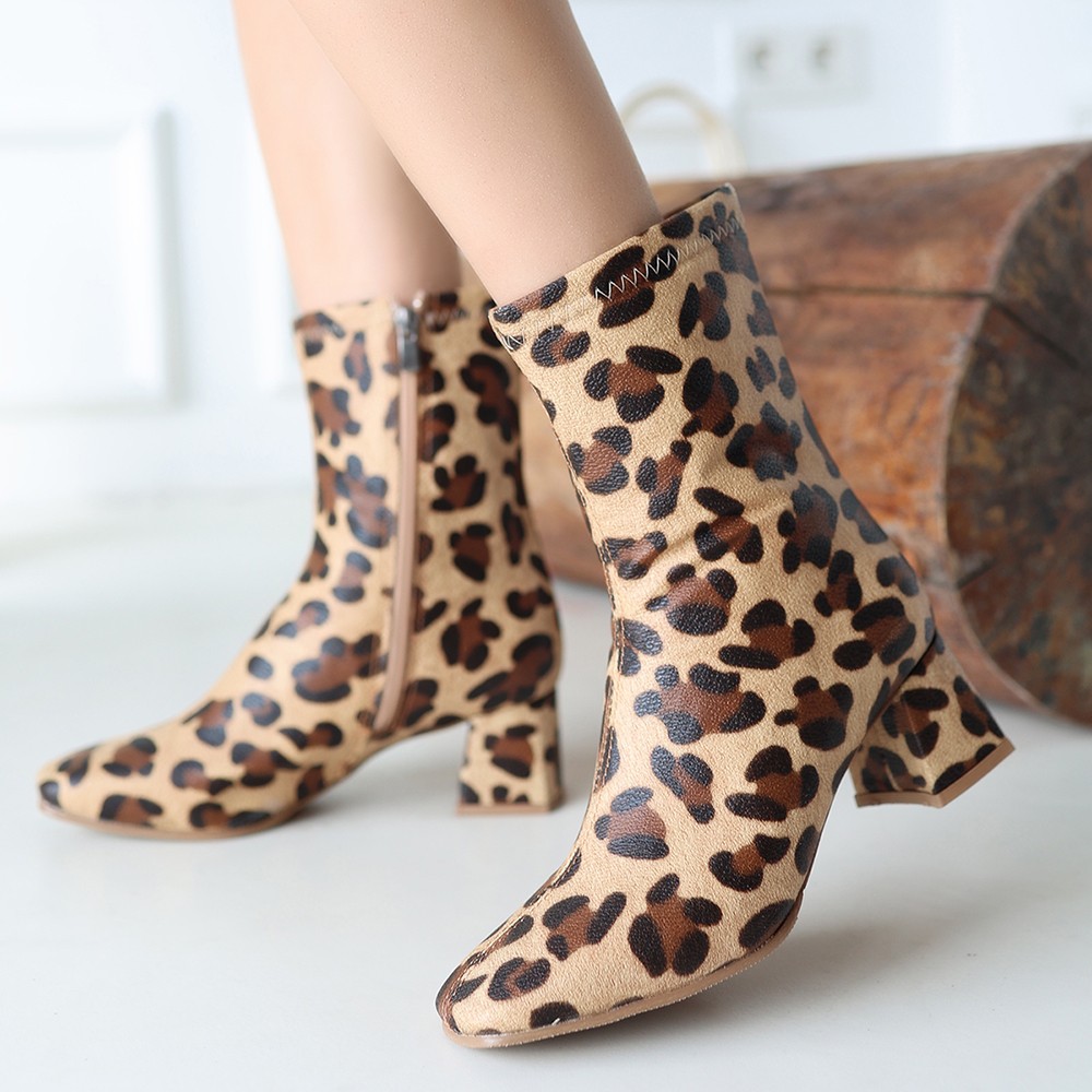 Birta%20Leopar%20Cilt%20Streç%20Topuklu%20Bot